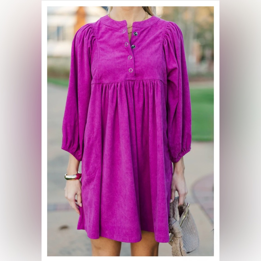 Magenta Corduroy Short Babydoll Dress | Large | Long Sleeves | NWT - Picture 3 of 10